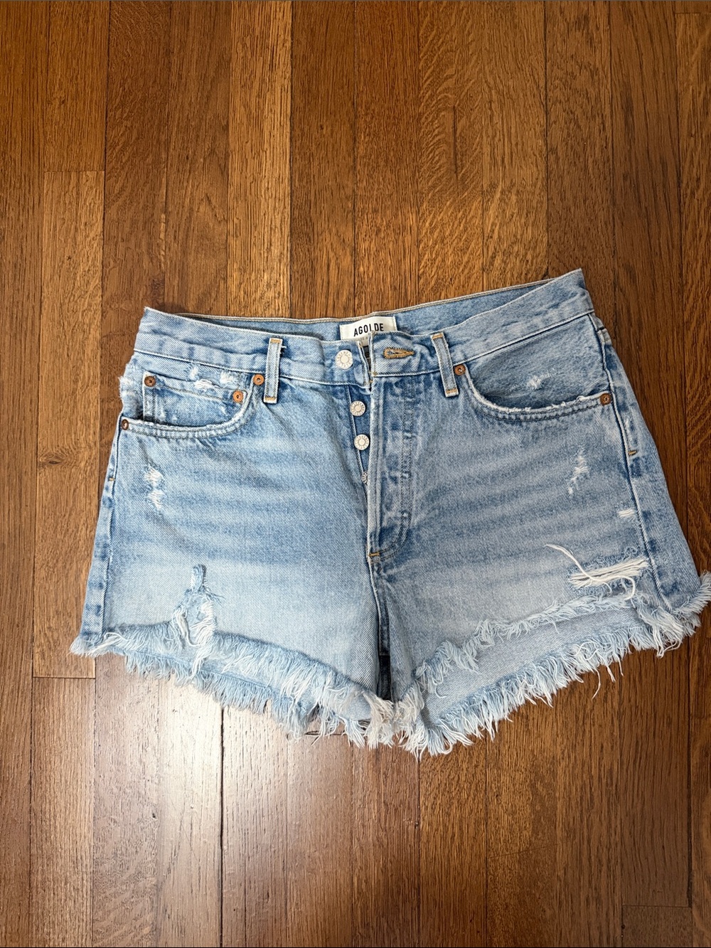 Agolde Light Wash Distressed Denim Cutoff Shorts